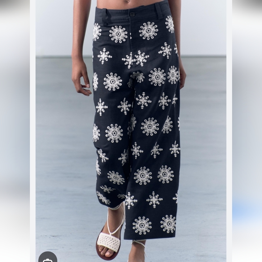 Zara Navy Linen Blend Contrast Embroidered Wide Leg Culottes M